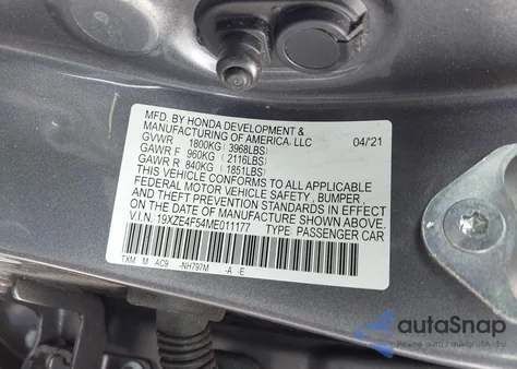 2021 Honda Insight Ex из США, поврежденный, VIN 19XZE4F54ME011177